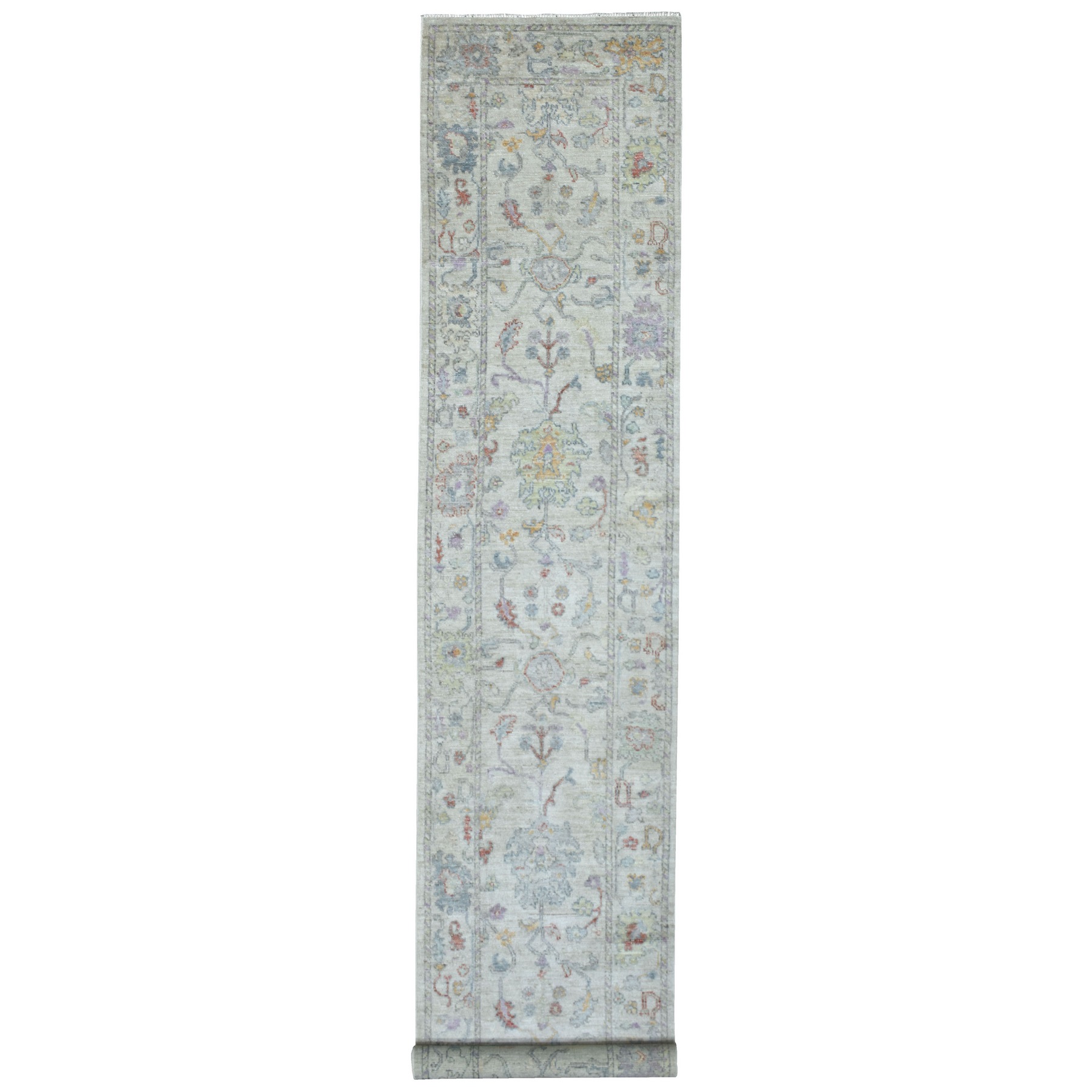 3'x15'10" Extra Soft Wool Hand Knotted Gray Angora Oushak with All Over Flower Design Oriental XL Runner Rug 